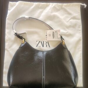 Zara Glossy Black Shoulder Bag with Gold Details